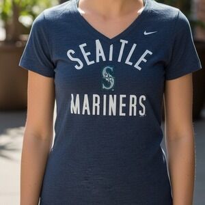 Nike Seattle Mariners V Neck T Shirt Womens Small Blue Short Sleeve Athletic